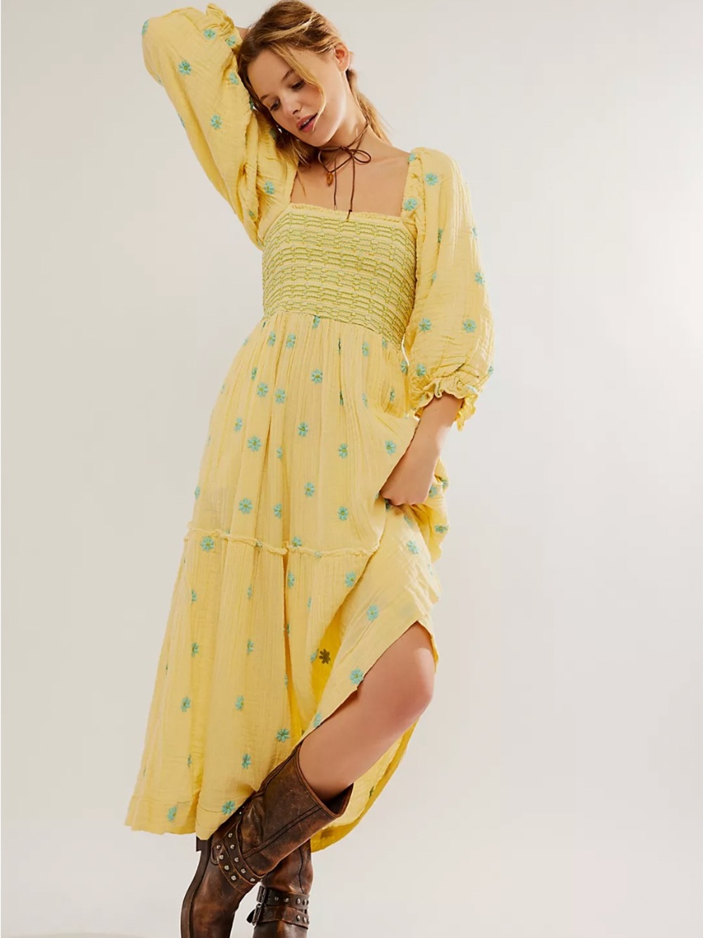 Free People Yellow Maxi Dress with Aqua Floral Embroidery